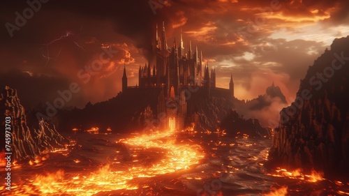 Landscape of Hell, with lava rivers leading to a Satan tower castle