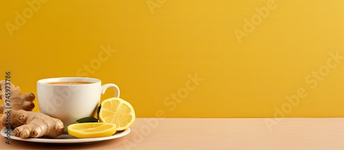 A white cup filled with coffee sits on a saucer next to slices of lemon and ginger. The background is yellow, offering a vibrant contrast to the drink and garnishes. photo
