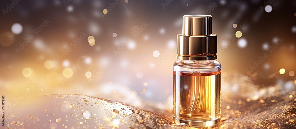 A bottle of perfume is placed on top of a table, showcasing its elegant design and fragrant contents. The table surface adds a sleek backdrop to the product, highlighting its luxurious appeal. A bottle of perfume is placed on top of a table, showcasing its elegant design and fragrant contents. The table surface adds a sleek backdrop to the product, highlighting its luxurious appeal.