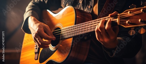 A man is playing an acoustic guitar in a dark room. His hands are strumming the strings, producing music. The scene is focused on the male musician and his music instrument.