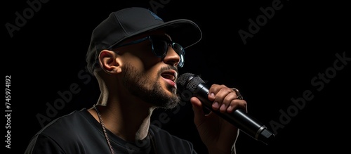 A man in a black hat and sunglasses passionately sings into a microphone on a black background.