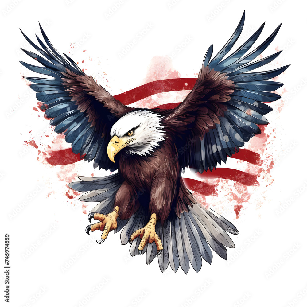 Obraz premium Eagle fly with USA Flag illustration for t-shirt design generated by AI.
