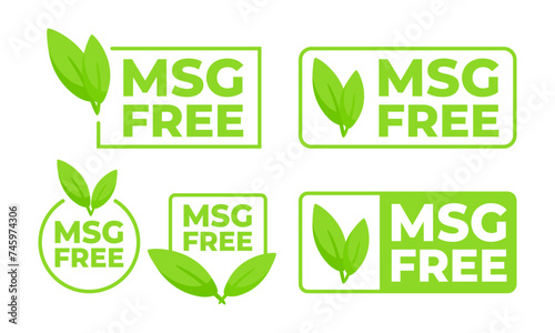Set of green labels with MSG Free text and a leaf symbol, for products promoting health without the use of monosodium glutamate.