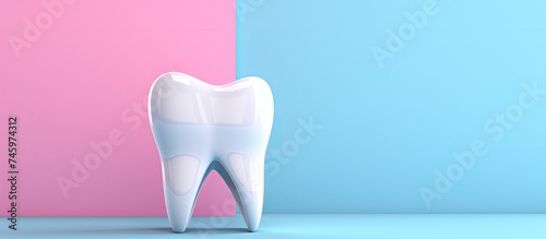 A dental model resembling a tooth is displayed on a colorful background blending vibrant shades of blue and pink. The tooth model is prominently showcased with ample empty space around it.