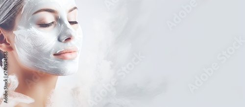 A beautiful woman is shown with a facial mask covering her face. The image showcases a spa treatment where the woman is enhancing her skincare routine.