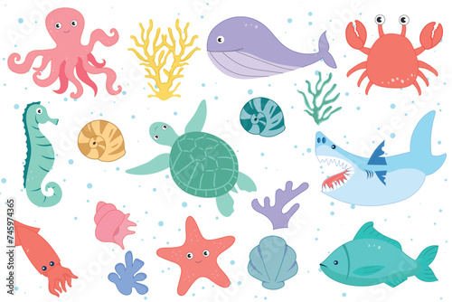 Set of sea animals with hand drawn sea life elements. Cute marine animals and fish isolated on a white background, clipart. Cartoon ocean fish, seahorse, jellyfish, blowfish, starfish, dolphin, turtle
