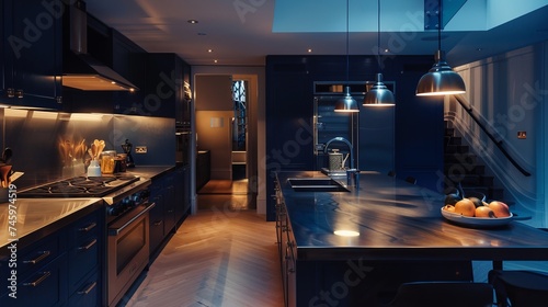 Elegance of a minimalist navy kitchen, where sleek lines and deep blue hues create a sophisticated space for culinary creativity and modern living