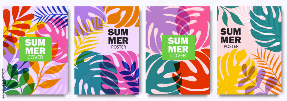 Summer bright illustrations set for poster, card, cover, label, banner in modern minimalist style with overlay effect. Modern simple summer design templates with tropical leaves and plants. Vector Summer bright illustrations set for poster, card, cover, label, banner in modern minimalist style with overlay effect. Modern simple summer design templates with tropical leaves and plants. Vector