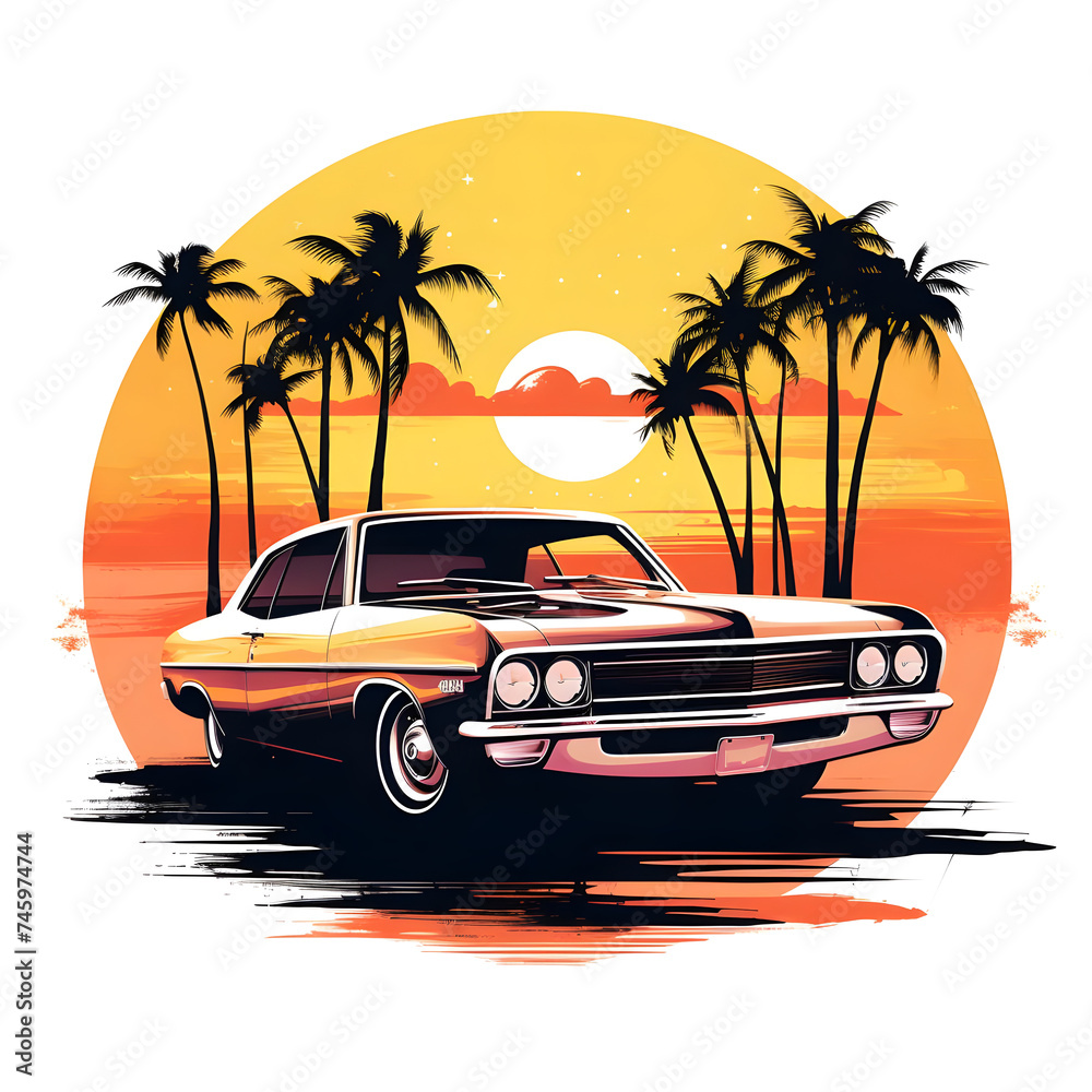 Cool sunset car illustration for t-shirt design generated by AI.