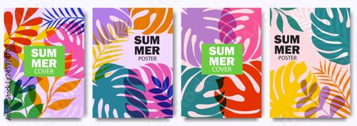 Summer bright illustrations set for poster, card, cover, label, banner in modern minimalist style with overlay effect. Modern simple summer design templates with tropical leaves and plants. Vector