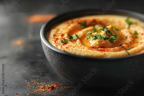 Top View of Hummus on a Black Background: Lebanese Cuisine. Concept Food Photography, Lebanese Cuisine, Top View, Black Background, Hummus