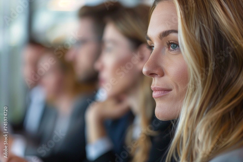 Portrait of businesswoman looking at camera with colleagues in the background