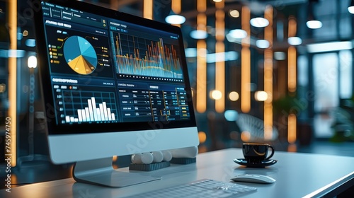 The most impactful charts and data from data scientist project portfolio on computer monitor. The intention is to convey the complexity and success. Generative AI. photo