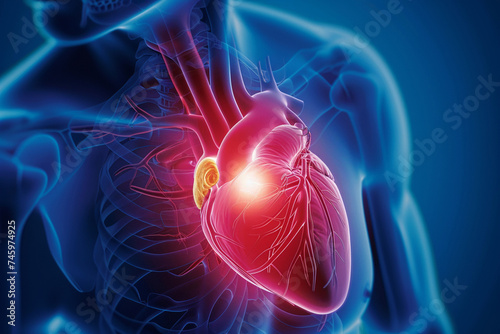 Human heart anatomy on blue background. 3d illustration with medical concept