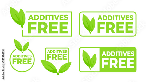 Green labels communicating Additives Free with a leaf icon, for health centric food and consumer goods photo