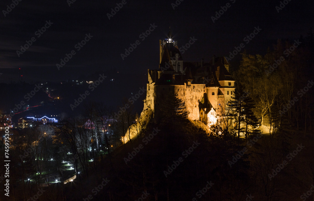 Dracula's medieval castle at night, Bran ,Transylvania. Romania.