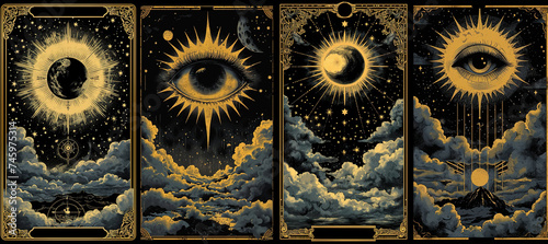 set of illustrations of tarot cards, the theme of isoterics and fortune telling photo