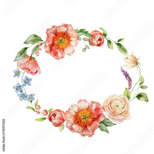 Watercolor wreath of bouquet with ranunculus, peony and leaves. Hand painted card of floral elements isolated on white background. Holiday flowers Illustration for design, print or background.
