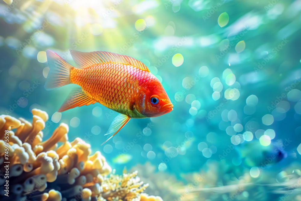 Gourami Fish Swimming. Underwater World. Marine Life. Fish And Colorful Coral Reefs. Beautiful Under The Sea Wallpaper. Ai Generated
