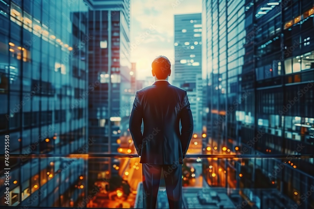Golden Reflections A Suited Man Contemplating the Illuminated Cityscape, Symbolizing Ambitions and Aspirations at Sunset Golden Reflections A Suited Man Contemplating the Illuminated Cityscape, Symbolizing Ambitions and Aspirations at Sunset