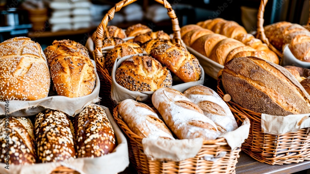 A variety of freshly baked artisan breads displayed in rustic baskets, inviting and ready for sale.