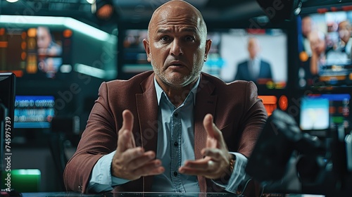 A bald man sitting behind a news anchor desk in a news room. Generative AI.