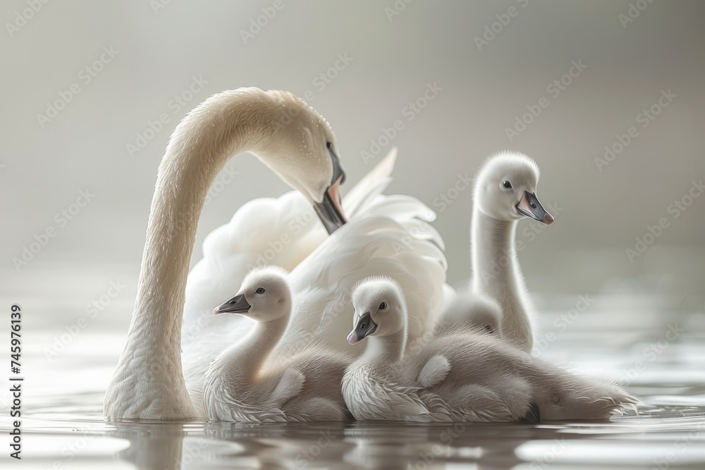 Obraz premium Graceful swans glide serenely across a tranquil blue lake, their beauty mirrored in the calm waters, capturing the essence of peaceful harmony in nature. Generative AI.