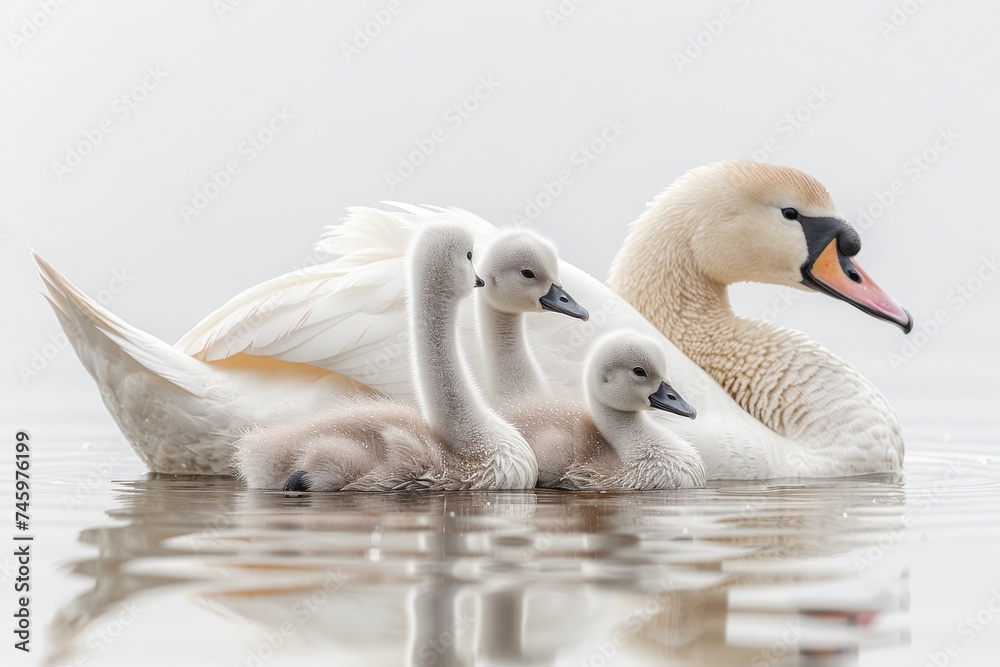 Obraz premium Graceful swans glide serenely across a tranquil blue lake, their beauty mirrored in the calm waters, capturing the essence of peaceful harmony in nature. Generative AI.