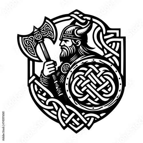 Viking warrior with shield and sword, vector illustration.