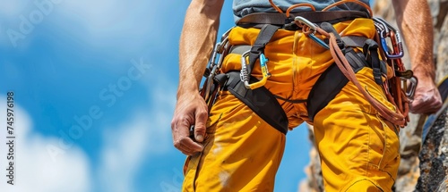 Outdoor adventure outdoors climber, extreme sport background banner - Close up of a sporty man with climbing harness, rope and carabiner for security, climbing on a rock in the mountains, blue sky © Corri Seizinger