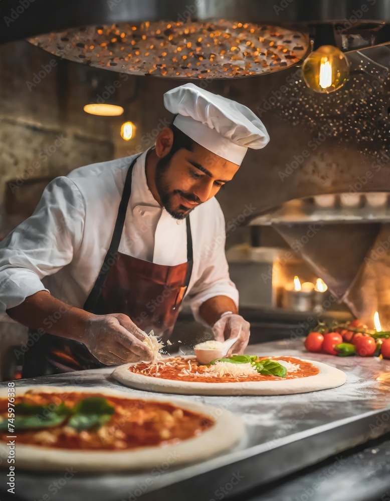 A craftsman pizza chef creating rustic pizza ingredients in a dark kitchen, artistic, with close-up shots and dim lighting.