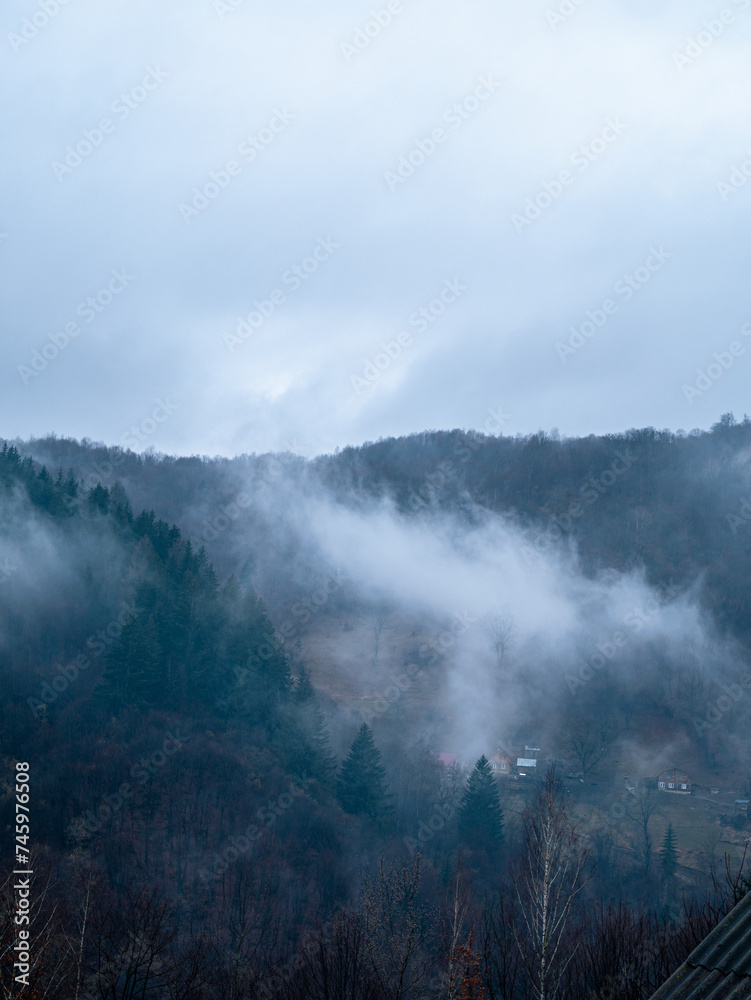 Fototapeta premium Misty Carpathian Mountains fog clouds landscape. Foggy atmospheric morning green fir trees Scenic forest rainy day. Calm tranquil Carpathians summit wood, Ukraine Europe travel. Eco Tourism Recreation