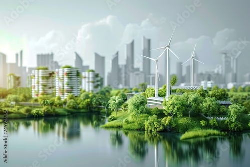 A Sustainable Future Miniature Urban Landscape with Wind Turbines, Greenery, and Modern Architecture Illustrating Eco-Friendly City Development
