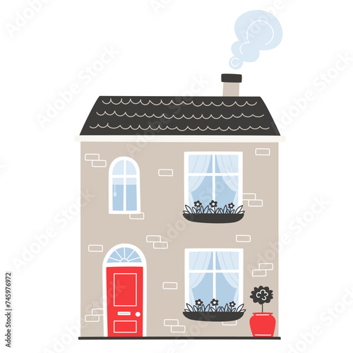A English house with a red door in cartoon style