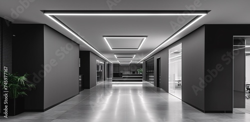 A monochromatic corridor featuring sleek geometric lighting fixtures that create a futuristic atmosphere