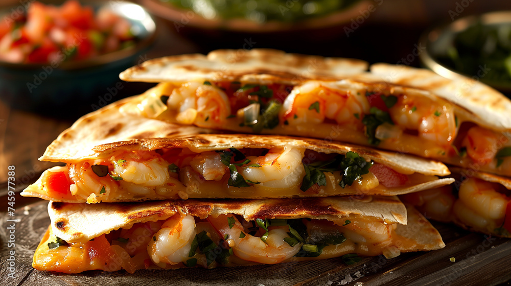 Yummy quesadillas with shrimp and vegetables. crispy , ready to eat. Yummy quesadillas with shrimp and vegetables. crispy , ready to eat.