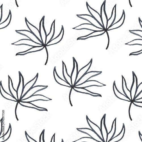 A pattern from an illustration of watercolor gray twigs with pointed leaves. It was drawn by hand.
