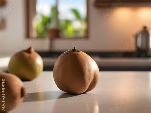 Golden Hour Delight  Sapodilla Fruit in Focus  Kitchen Bathed in Afternoon Warmth