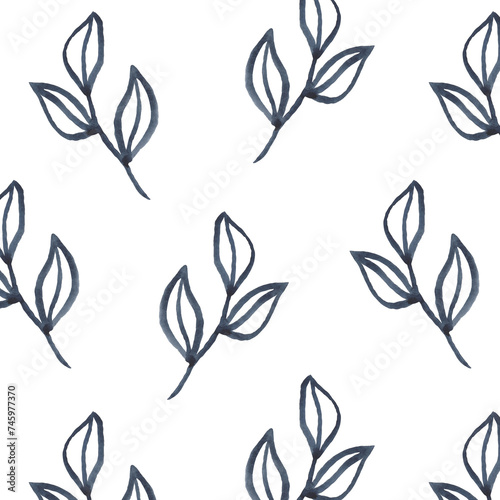 A pattern from an illustration of watercolor gray twigs with leaves. It was drawn by hand.