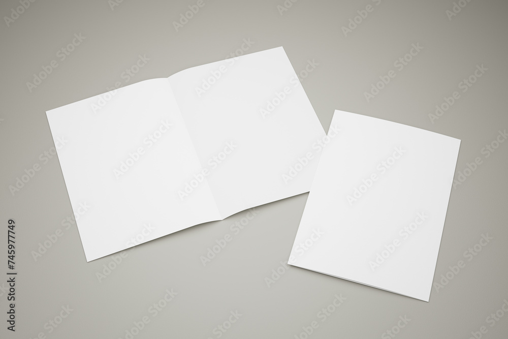 A4 Pamphlet Whitepaper Mockup（A42つ折り白用紙 ／グレー背景モックアップ） - obrazy, fototapety, plakaty 