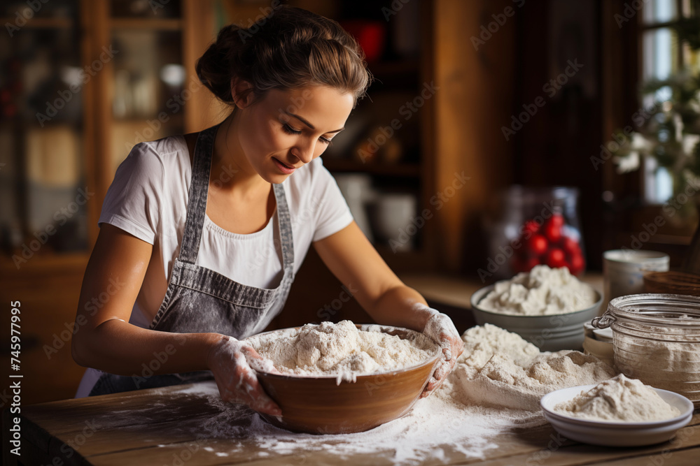 Fototapeta premium Closeup on woman sifting flour in a glass bowl at home. Process of cooking pecan pie in home kitchen for American Thanksgiving Day.