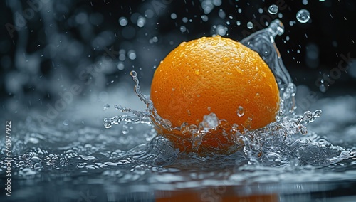 A fresh orange fruit in the midst of a dynamic water splash, symbolizing vitality and natural freshness