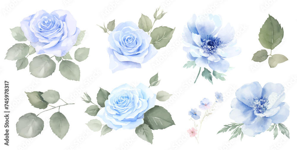 Watercolor navy blue roses floral bouquet, frame of blue rose, winter blue flower gentle clip art, for wedding invitation, baby shower, save the date, bridal shower party celebration