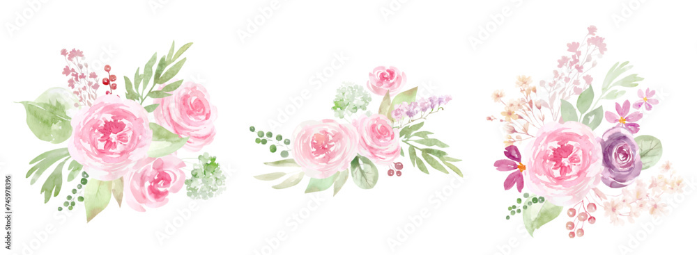 Wreaths, bouquets and frames of watercolor spring roses flowers for invitations, cards, holiday background, pink summer roses, scrapbooking. Watercolor design, Delicate pink flowers, green foliage