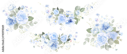 Watercolor navy blue roses floral bouquet, frame of blue rose, winter blue flower gentle clip art, for wedding invitation, baby shower, save the date, bridal shower party celebration
