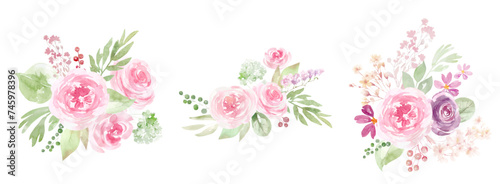 Wreaths, bouquets and frames of watercolor spring roses flowers for invitations, cards, holiday background, pink summer roses, scrapbooking. Watercolor design, Delicate pink flowers, green foliage