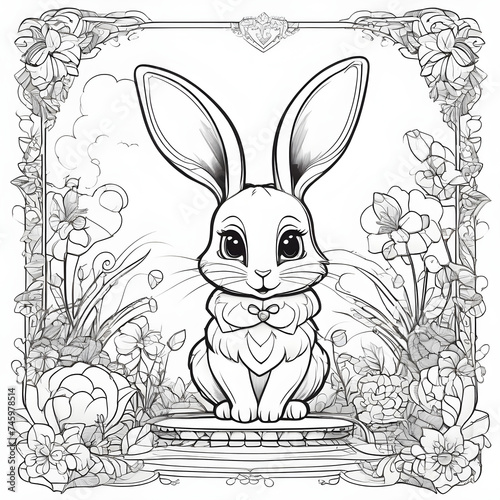 coloring book for children, line drawing, easter bunny with eggs