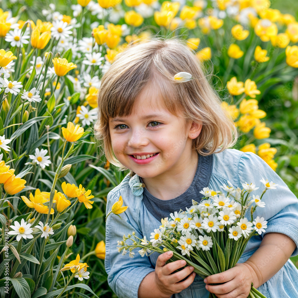 child smiling brightly while smelling the scent of spring flowers child smiling brightly while smelling the scent of spring flowers
