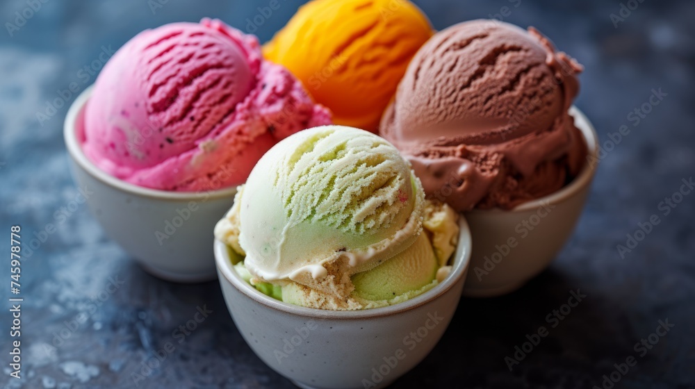 Various ice cream scoops in bowls over black stone background. Top view with copy space Various ice cream scoops in bowls over black stone background. Top view with copy space