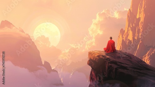Monk seated on a mountain peak, overlooking a vast landscape enveloped in clouds, symbolizing contemplation and solitude. Concepts of solitude, personal growth, spiritual journeys